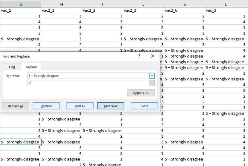 Replacement of 5 - Strongly disagree using the Replace function