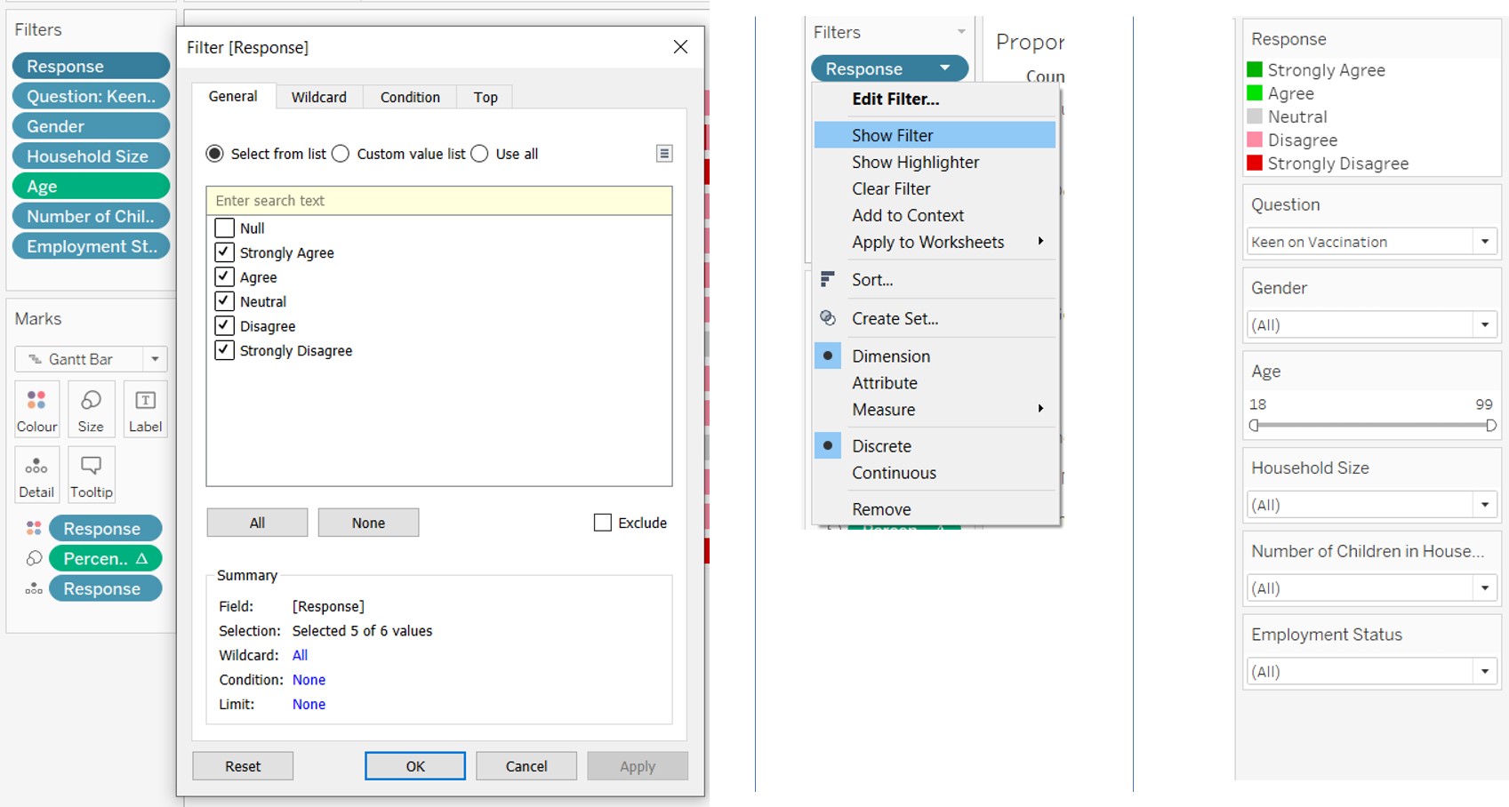 Creation of Filters (left), select Show Filter (centre), filters appear on the right of chart (right)