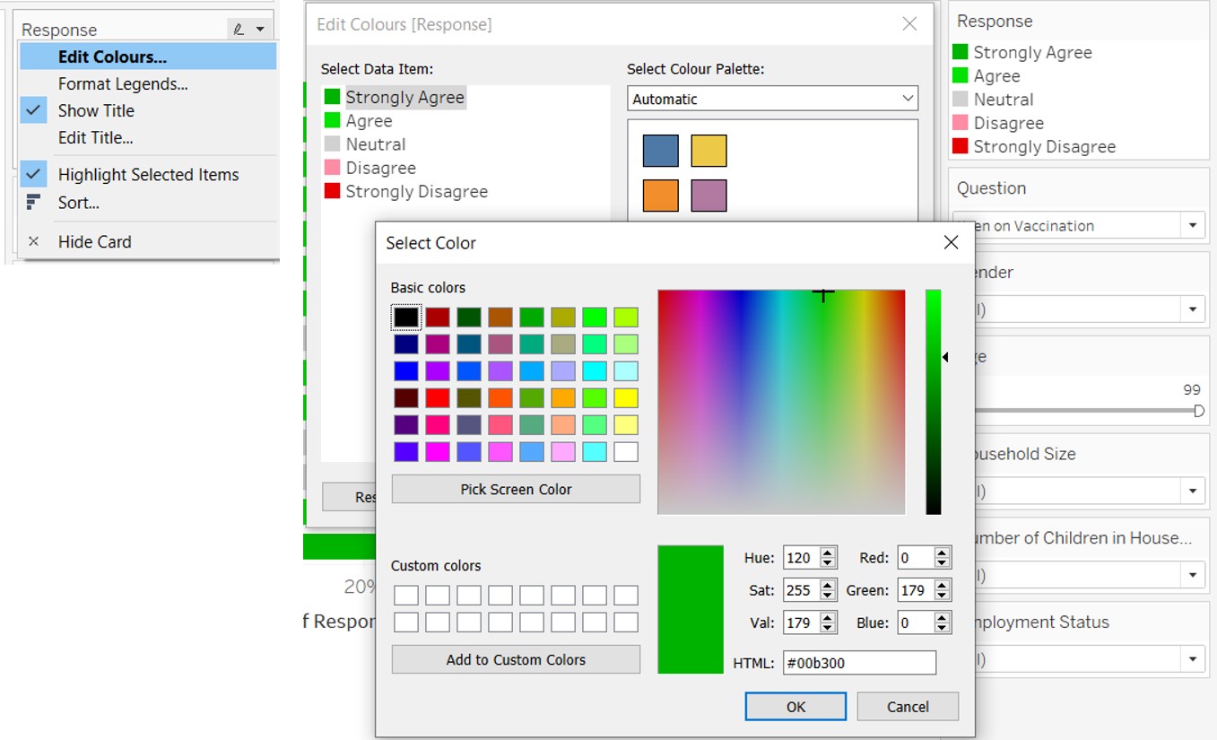 Selection of colours for Response values