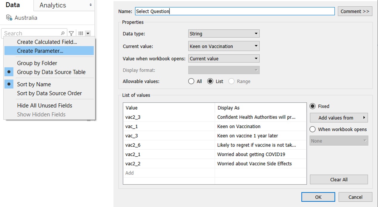 Creation of Select Question paremeter