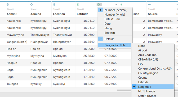 Check Longitude has been assigned Geographic Role > Longitude