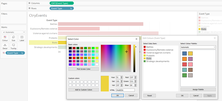 Assign similar colours to event types of the same categories