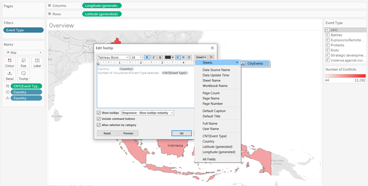 Insert the created bar charts as part of Tooltip on the Overview sheet